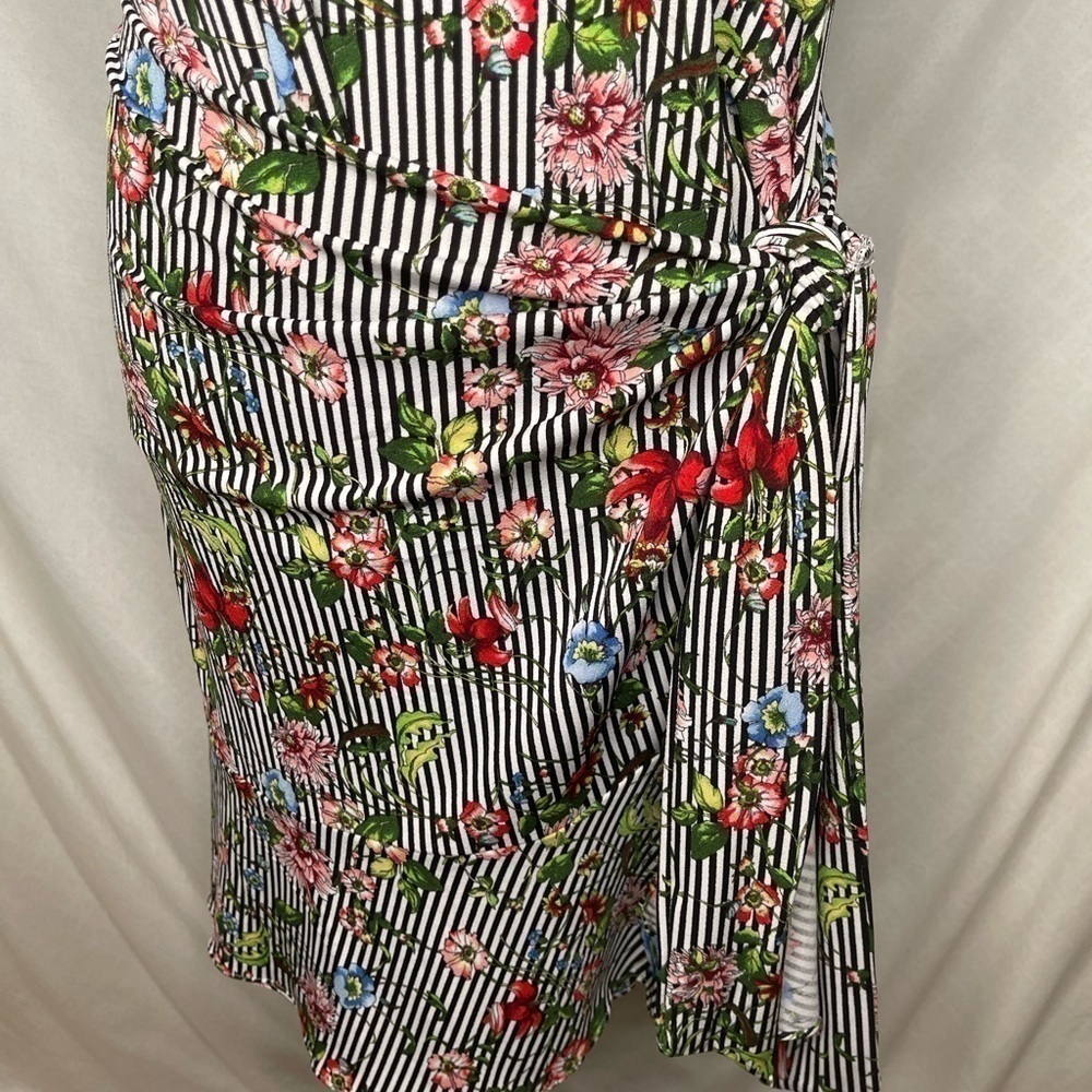 Eci NEW YORK BLACK WHITE STRIPE FLORAL PATTERN FAUX WRAP FLOUNCE SLEEVE DRESS XL - Picture 4 of 10